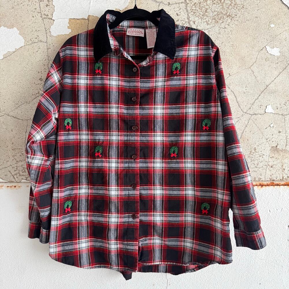 Vtg 90s Christmas Plaid Flannel Shirt Embroidered Holiday Wreaths Velvet Women L
